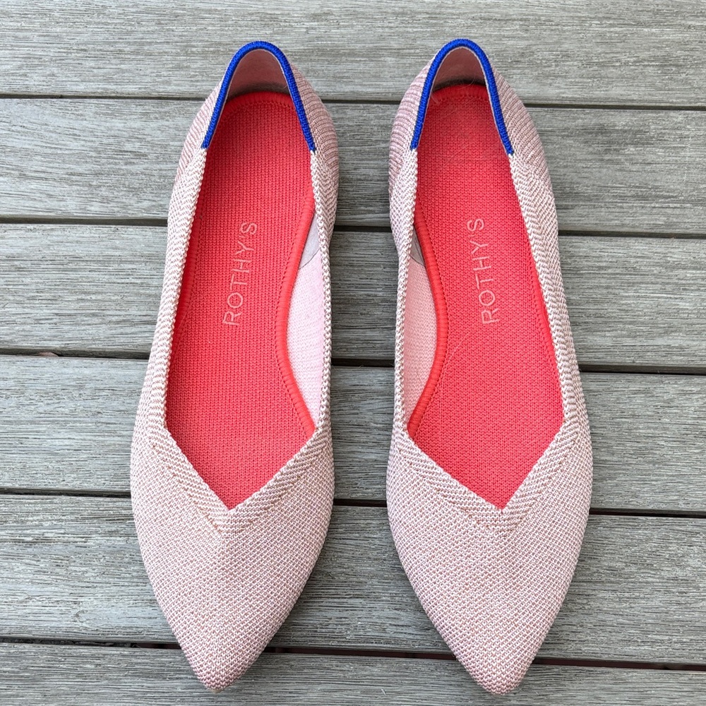 Rothy's Pointed Knit Flats in Blush Pink with Blue Trim